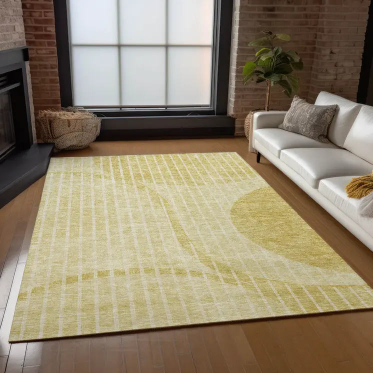 10' X 14' Gold Wheat And Ivory Striped Washable Indoor Outdoor Area Rug