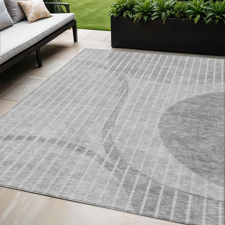 5' X 8' Gray Silver And Ivory Striped Washable Indoor Outdoor Area Rug
