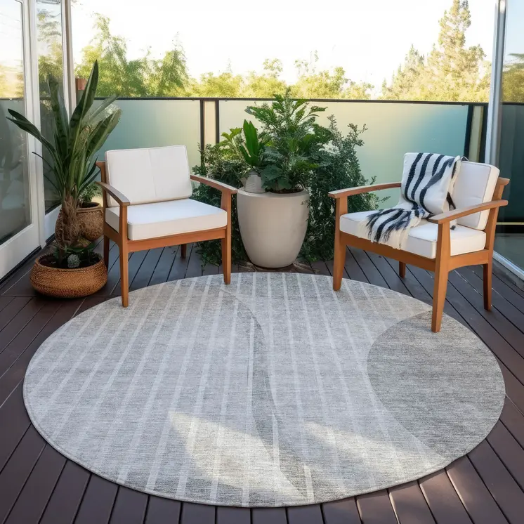 8' Gray Silver And Ivory Round Striped Washable Indoor Outdoor Area Rug