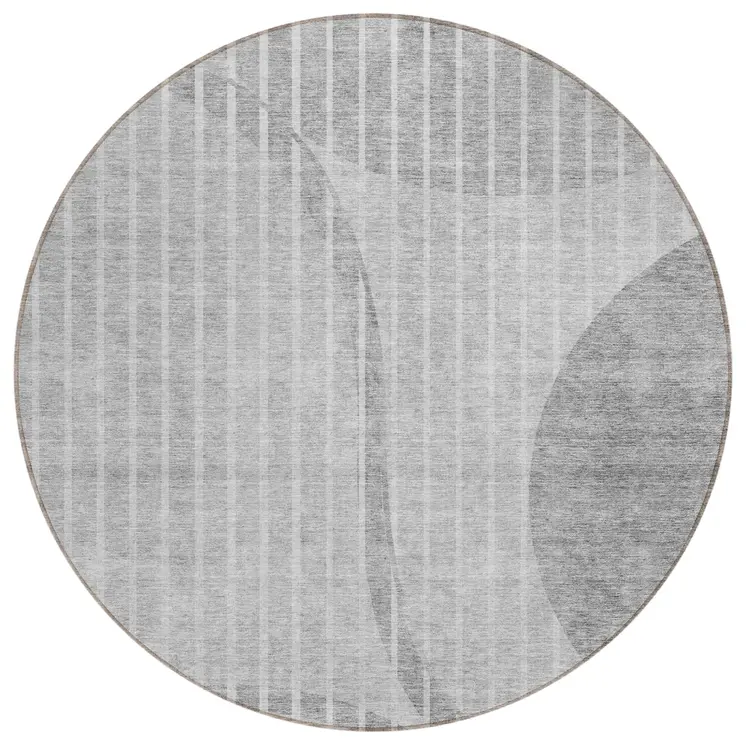 8' Gray Silver And Ivory Round Striped Washable Indoor Outdoor Area Rug