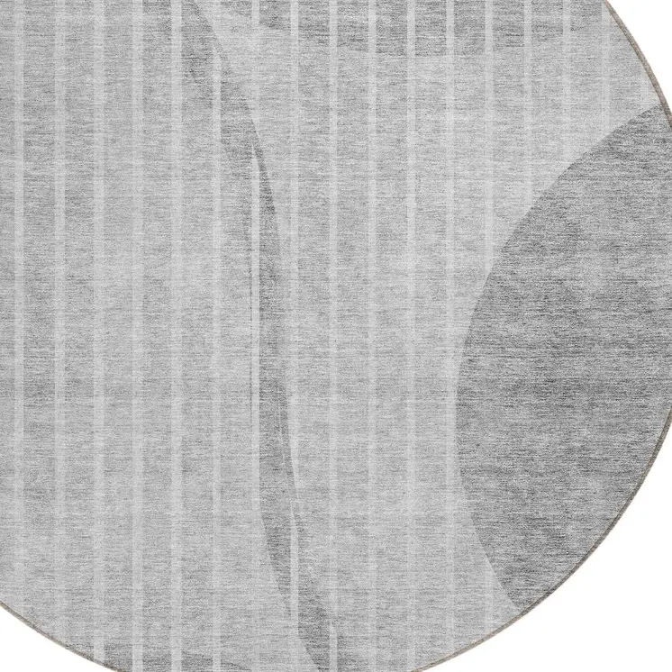 8' Gray Silver And Ivory Round Striped Washable Indoor Outdoor Area Rug