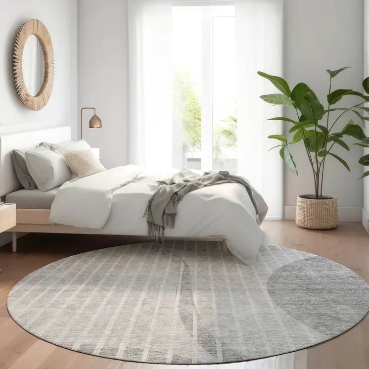 8' Gray Silver And Ivory Round Striped Washable Indoor Outdoor Area Rug
