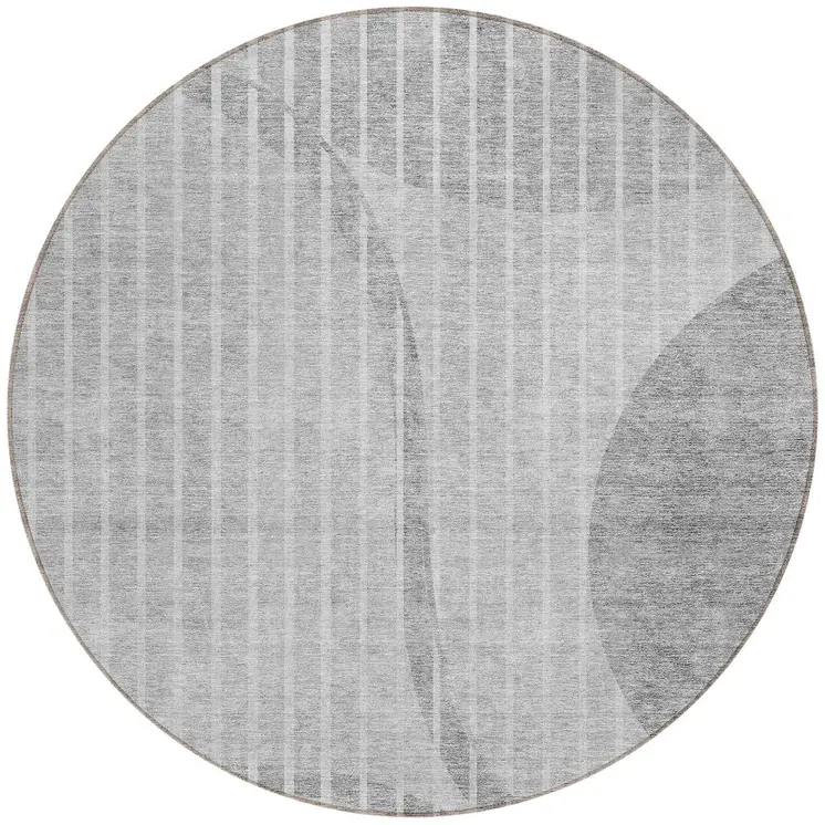 8' Gray Silver And Ivory Round Striped Washable Indoor Outdoor Area Rug