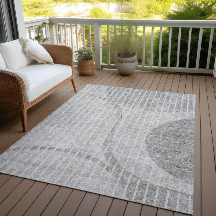 8' X 10' Gray Silver And Ivory Striped Washable Indoor Outdoor Area Rug
