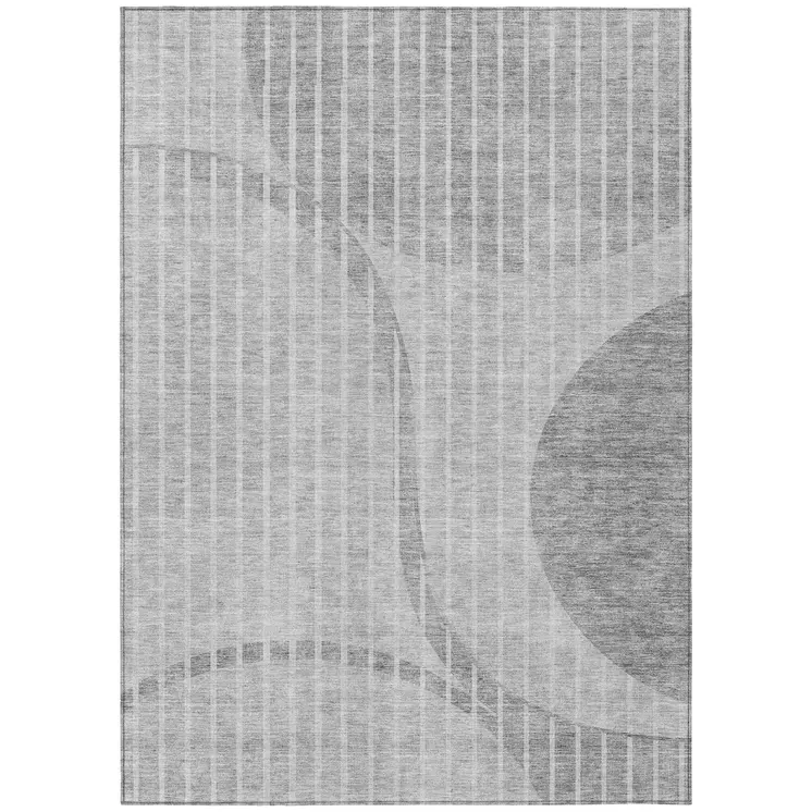 8' X 10' Gray Silver And Ivory Striped Washable Indoor Outdoor Area Rug