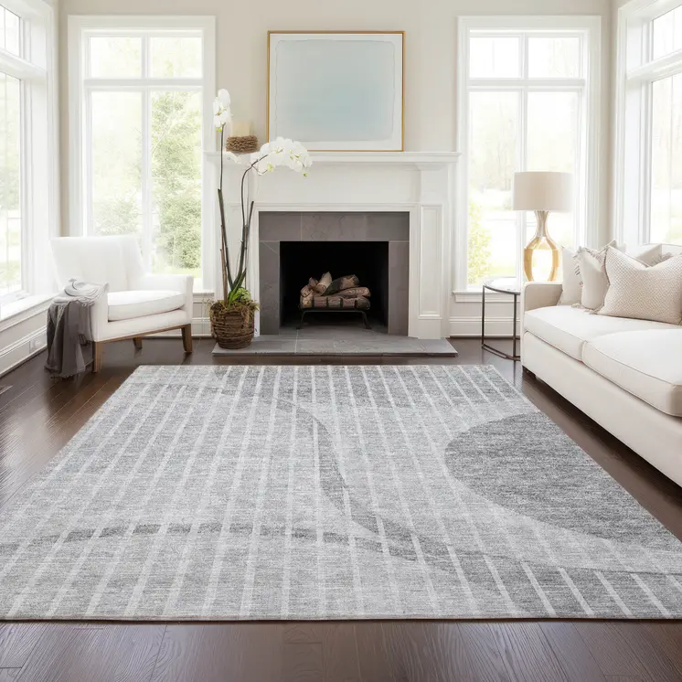 8' X 10' Gray Silver And Ivory Striped Washable Indoor Outdoor Area Rug