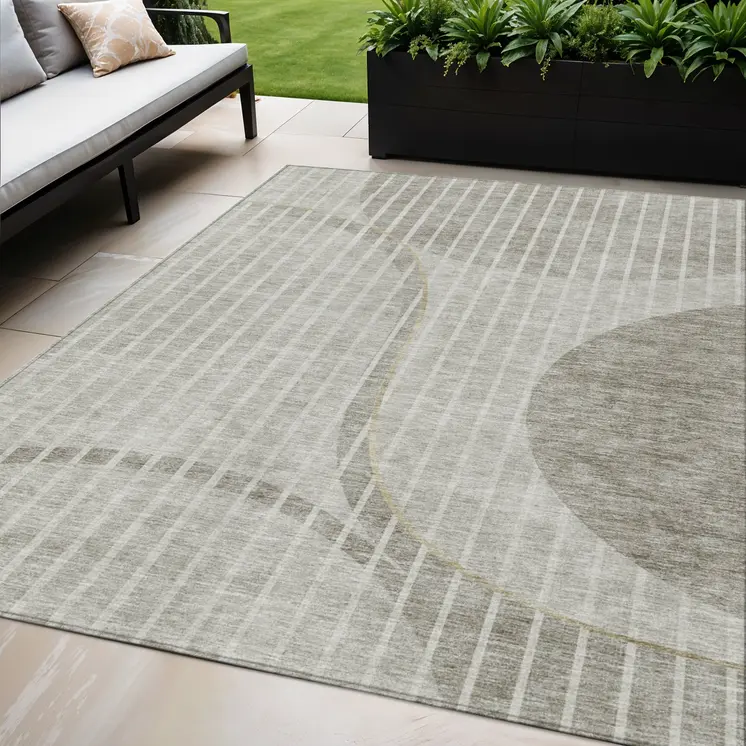 5' X 8' Taupe Beige And Ivory Striped Washable Indoor Outdoor Area Rug