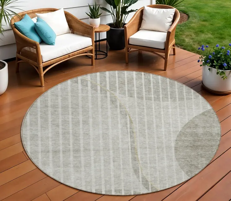 8' Taupe Beige And Ivory Round Striped Washable Indoor Outdoor Area Rug