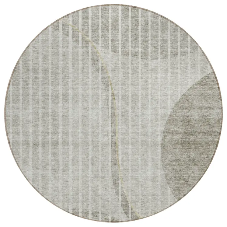 8' Taupe Beige And Ivory Round Striped Washable Indoor Outdoor Area Rug