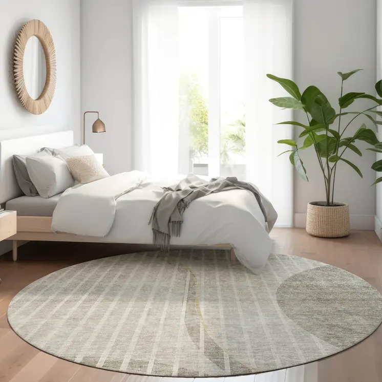 8' Taupe Beige And Ivory Round Striped Washable Indoor Outdoor Area Rug