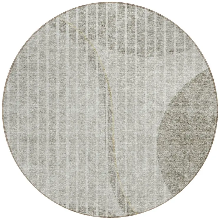 8' Taupe Beige And Ivory Round Striped Washable Indoor Outdoor Area Rug