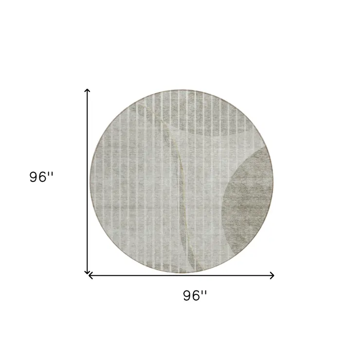 8' Taupe Beige And Ivory Round Striped Washable Indoor Outdoor Area Rug