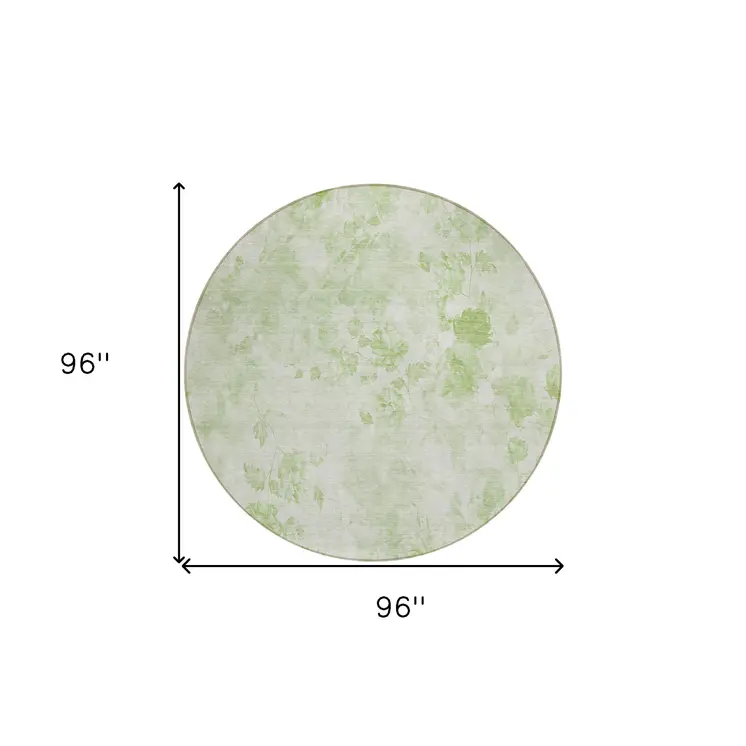 8' Green And Ivory Round Floral Washable Indoor Outdoor Area Rug