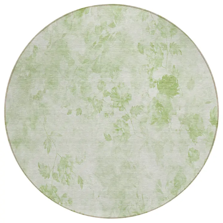 8' Green And Ivory Round Floral Washable Indoor Outdoor Area Rug