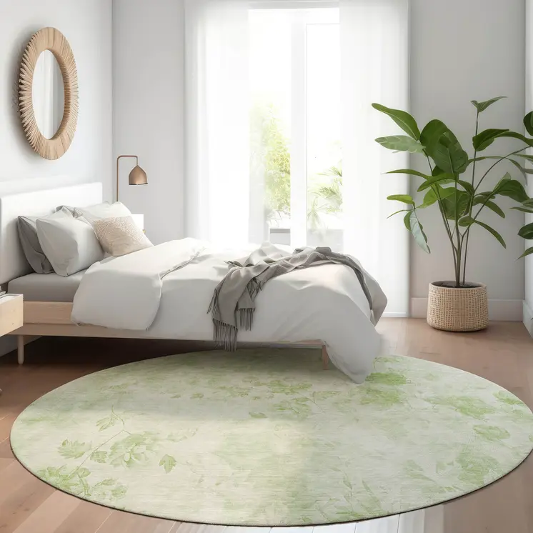 8' Green And Ivory Round Floral Washable Indoor Outdoor Area Rug