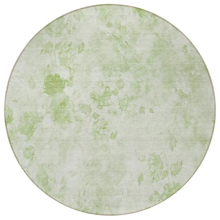 8' Green And Ivory Round Floral Washable Indoor Outdoor Area Rug