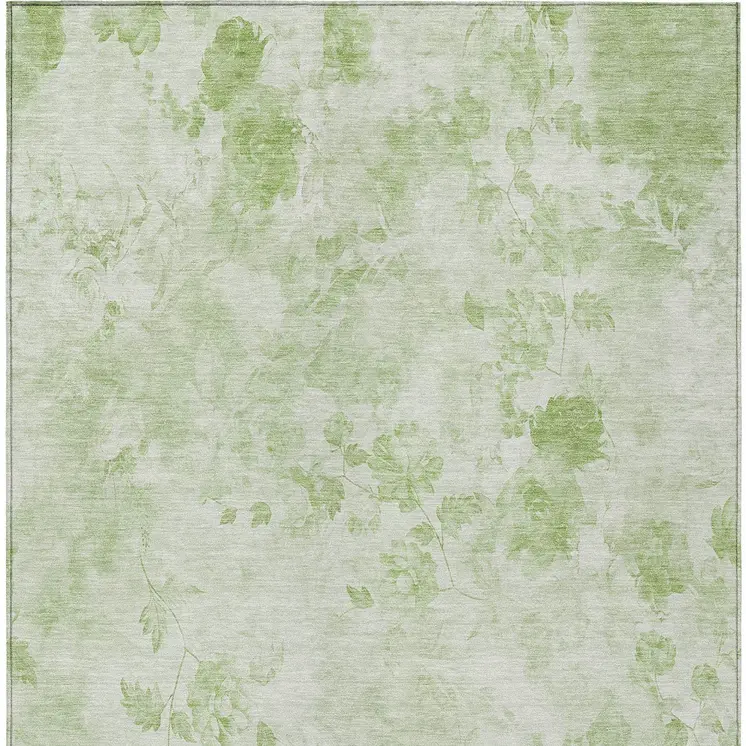 8' X 10' Green And Ivory Floral Washable Indoor Outdoor Area Rug