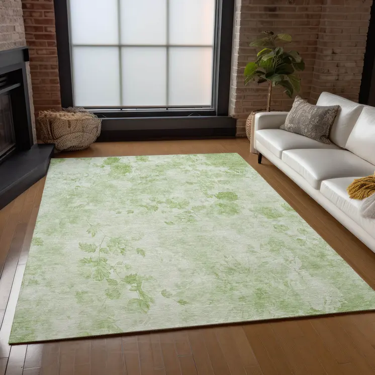 8' X 10' Green And Ivory Floral Washable Indoor Outdoor Area Rug
