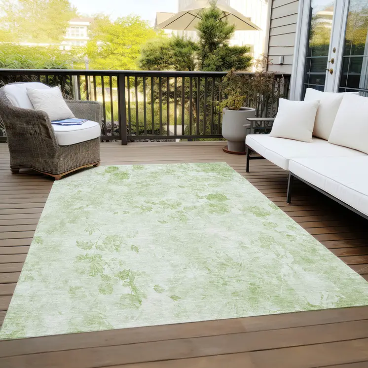 9' X 12' Green And Ivory Floral Washable Indoor Outdoor Area Rug