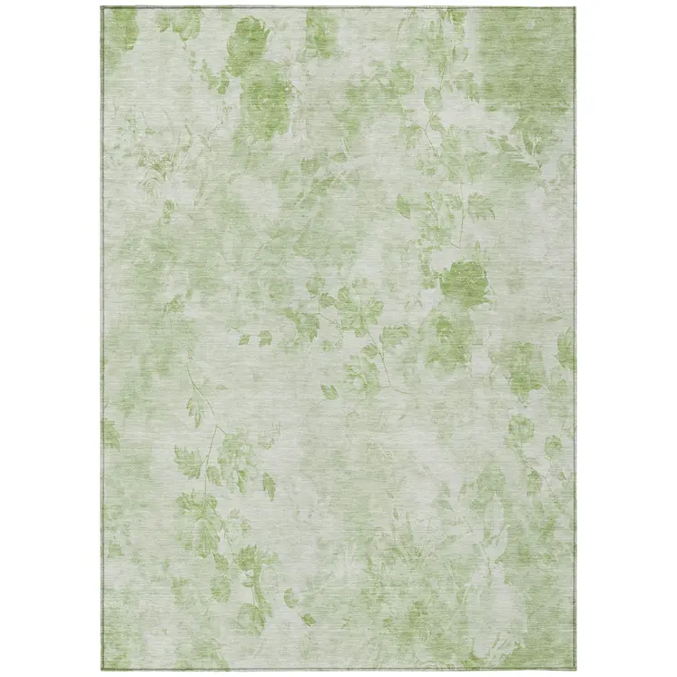 10' X 14' Green And Ivory Floral Washable Indoor Outdoor Area Rug