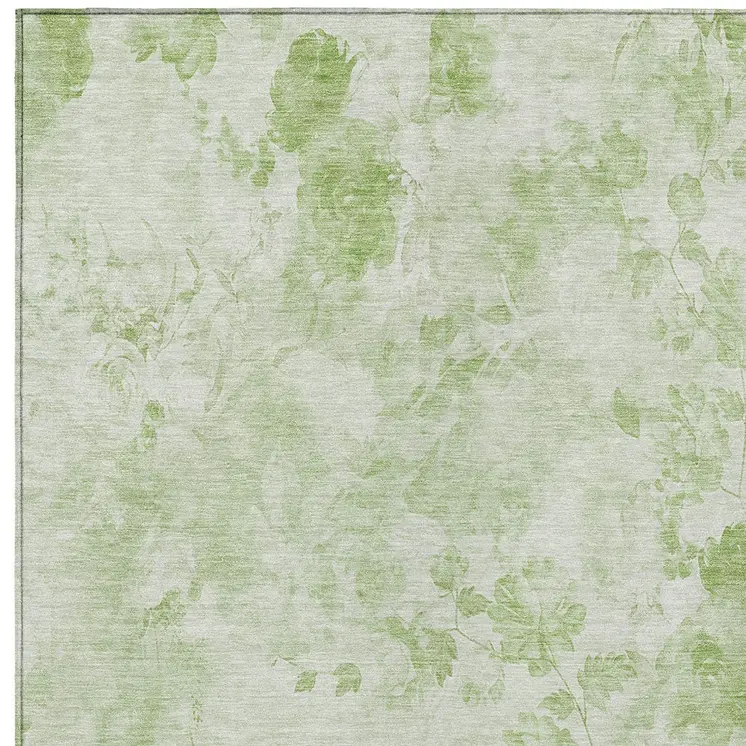 10' X 14' Green And Ivory Floral Washable Indoor Outdoor Area Rug