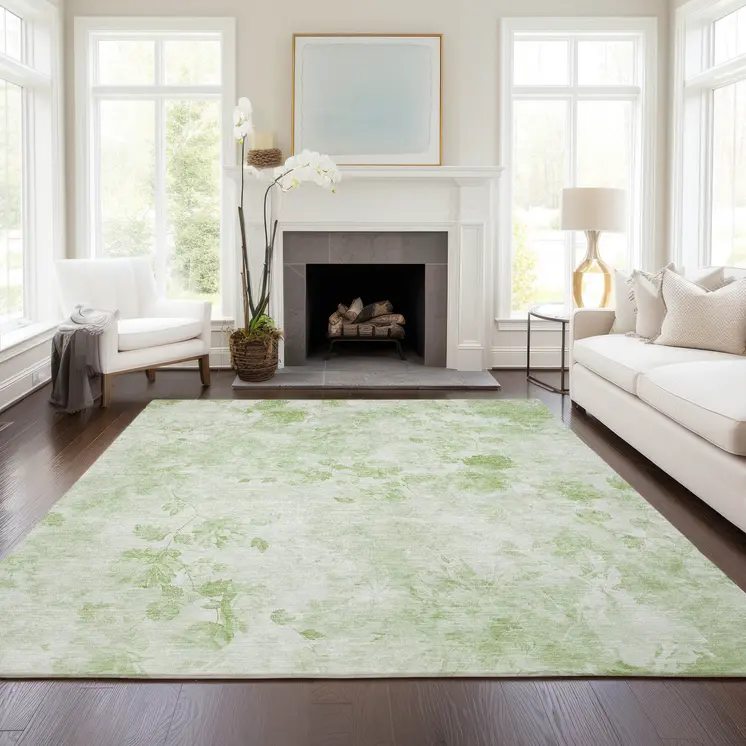 10' X 14' Green And Ivory Floral Washable Indoor Outdoor Area Rug
