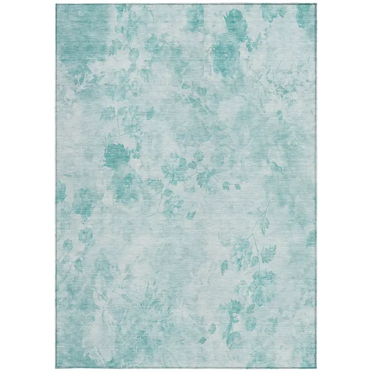 3' X 5' Aqua Teal Blue And Ivory Floral Washable Indoor Outdoor Area Rug