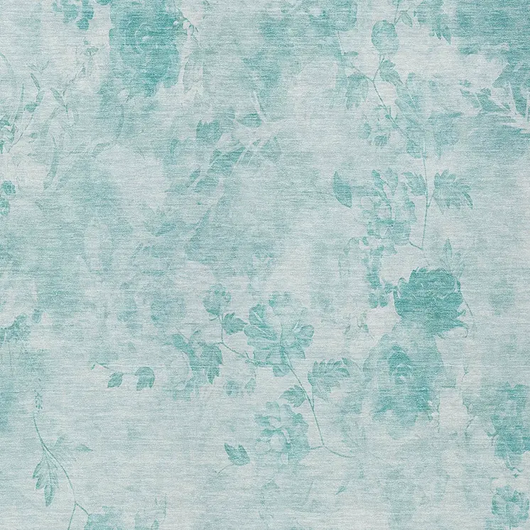 5' X 8' Aqua Teal Blue And Ivory Floral Washable Indoor Outdoor Area Rug