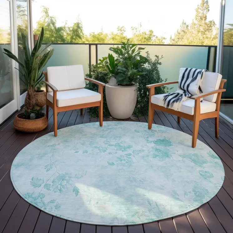 8' Aqua Teal Blue And Ivory Round Floral Washable Indoor Outdoor Area Rug