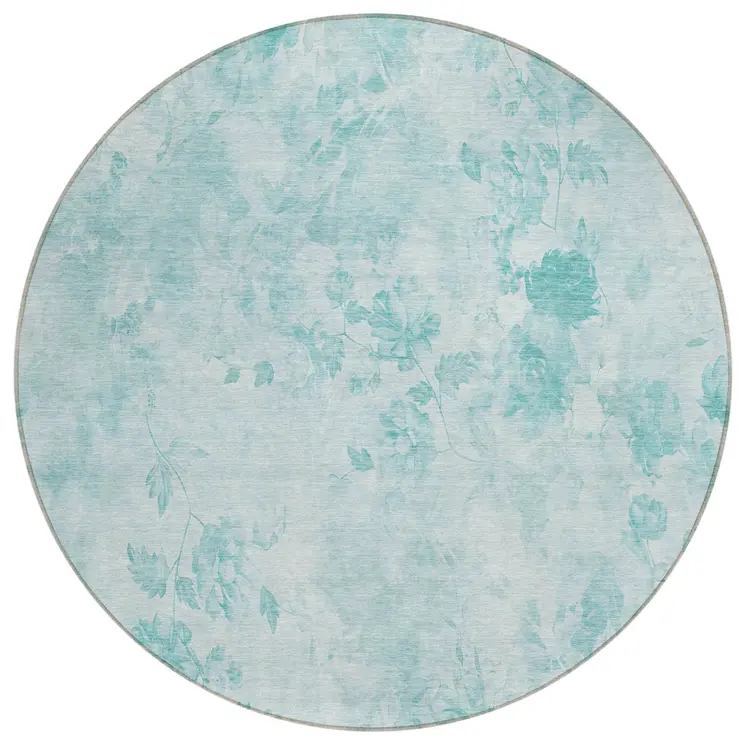 8' Aqua Teal Blue And Ivory Round Floral Washable Indoor Outdoor Area Rug