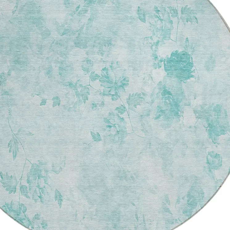8' Aqua Teal Blue And Ivory Round Floral Washable Indoor Outdoor Area Rug