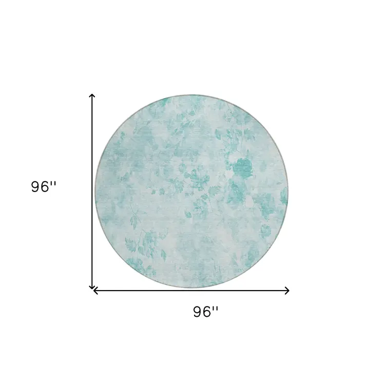 8' Aqua Teal Blue And Ivory Round Floral Washable Indoor Outdoor Area Rug