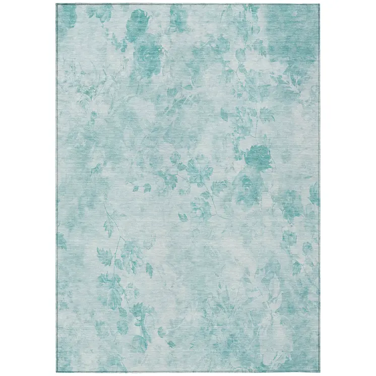 8' X 10' Aqua Teal Blue And Ivory Floral Washable Indoor Outdoor Area Rug