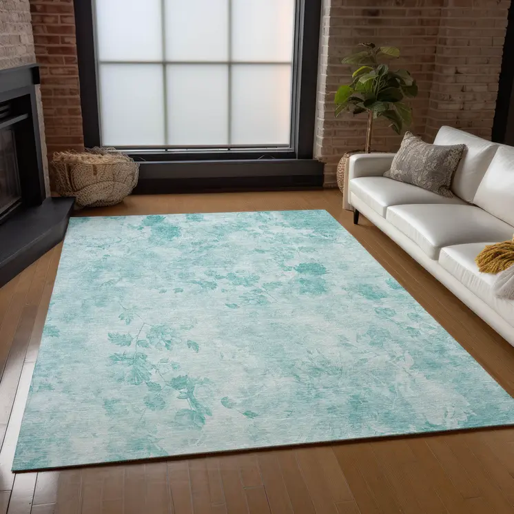 8' X 10' Aqua Teal Blue And Ivory Floral Washable Indoor Outdoor Area Rug