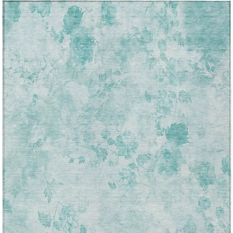 9' X 12' Aqua Teal Blue And Ivory Floral Washable Indoor Outdoor Area Rug