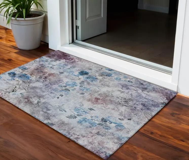 3' X 5' Navy Blue And Sky Blue Floral Washable Indoor Outdoor Area Rug