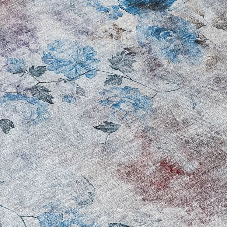 3' X 5' Navy Blue And Sky Blue Floral Washable Indoor Outdoor Area Rug