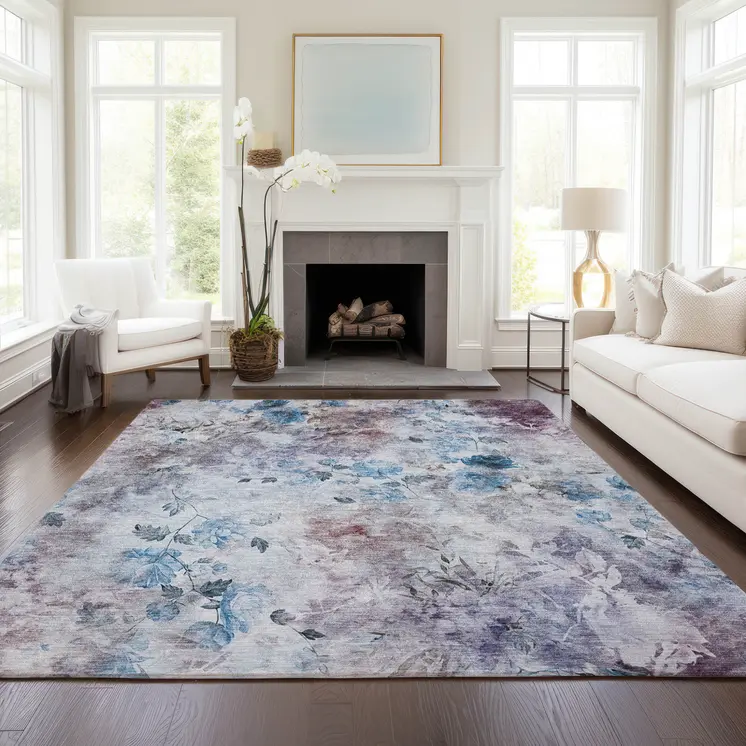 3' X 5' Navy Blue And Sky Blue Floral Washable Indoor Outdoor Area Rug