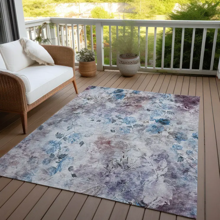 5' X 8' Navy Blue And Sky Blue Floral Washable Indoor Outdoor Area Rug