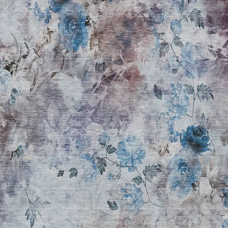 5' X 8' Navy Blue And Sky Blue Floral Washable Indoor Outdoor Area Rug