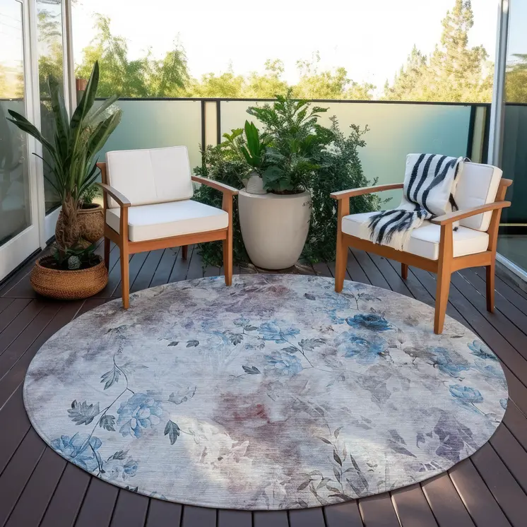 8' Navy Blue And Sky Blue Round Floral Washable Indoor Outdoor Area Rug