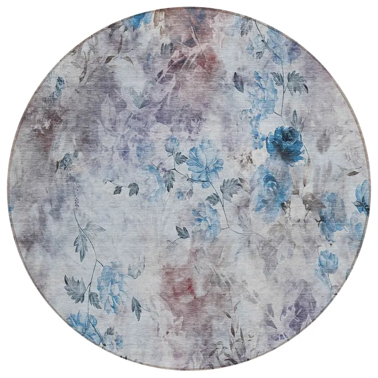 8' Navy Blue And Sky Blue Round Floral Washable Indoor Outdoor Area Rug