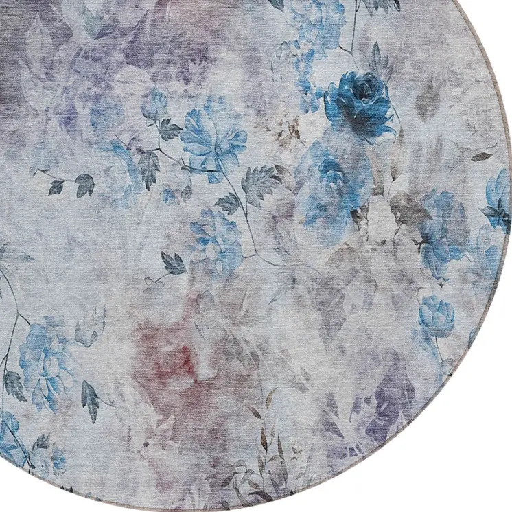 8' Navy Blue And Sky Blue Round Floral Washable Indoor Outdoor Area Rug