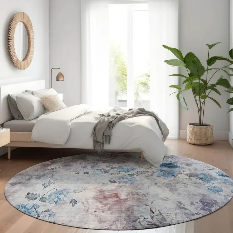8' Navy Blue And Sky Blue Round Floral Washable Indoor Outdoor Area Rug