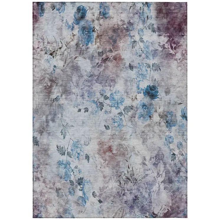 10' X 14' Navy Blue And Sky Blue Floral Washable Indoor Outdoor Area Rug