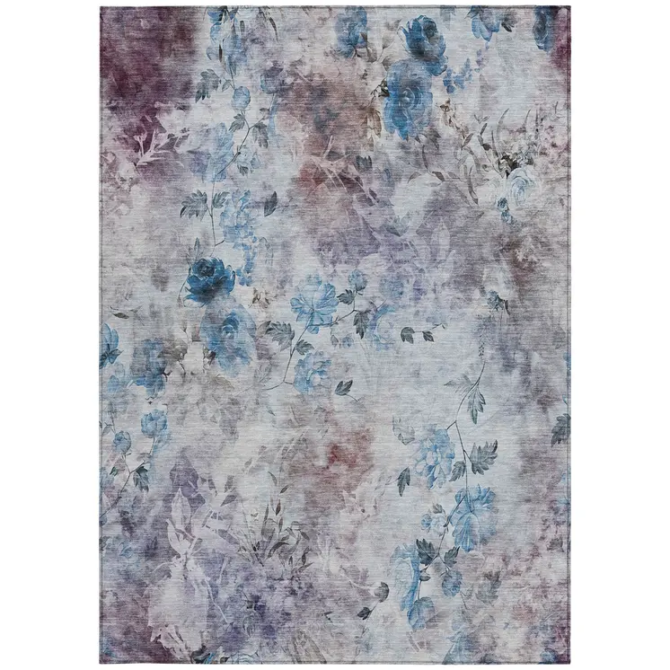 10' X 14' Navy Blue And Sky Blue Floral Washable Indoor Outdoor Area Rug