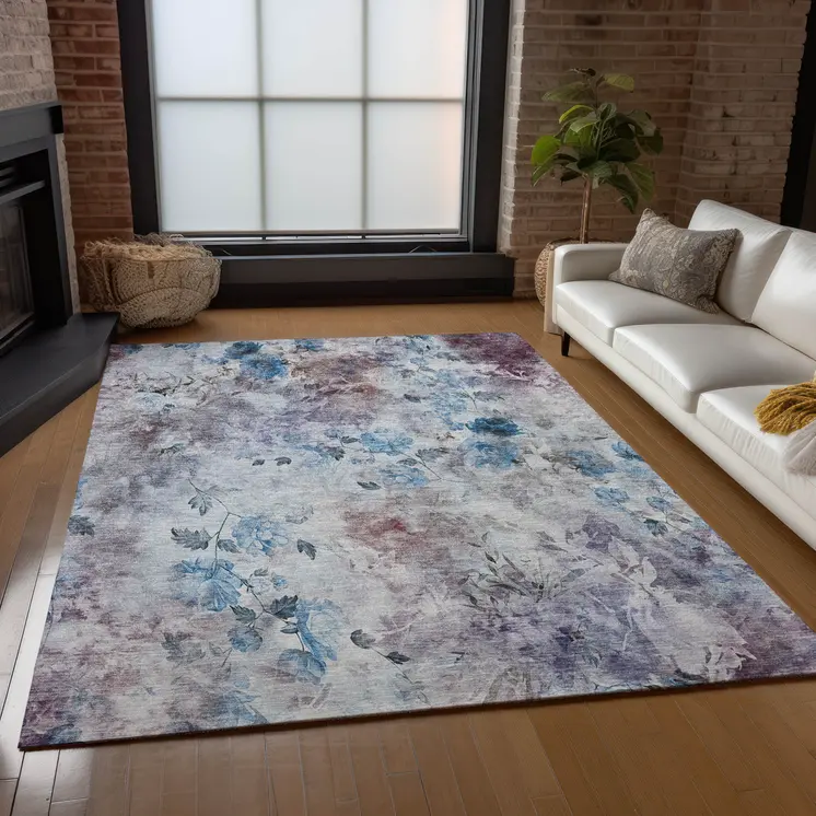 10' X 14' Navy Blue And Sky Blue Floral Washable Indoor Outdoor Area Rug