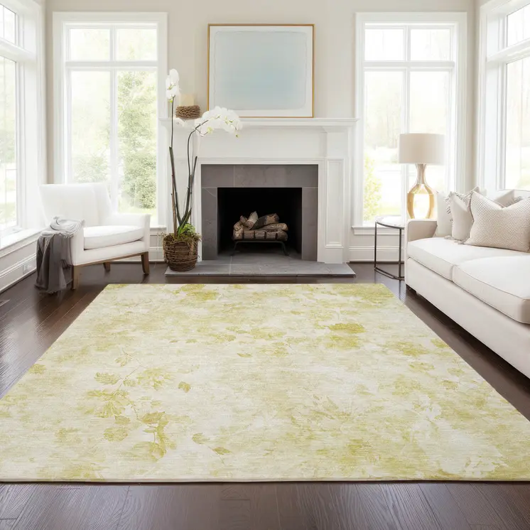 5' X 8' Gold Wheat And Ivory Floral Washable Indoor Outdoor Area Rug