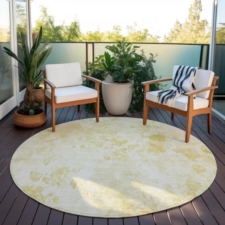 8' Gold Wheat And Ivory Round Floral Washable Indoor Outdoor Area Rug