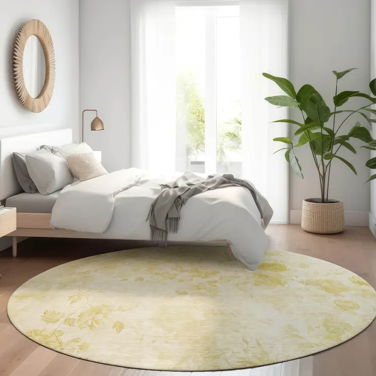 8' Gold Wheat And Ivory Round Floral Washable Indoor Outdoor Area Rug